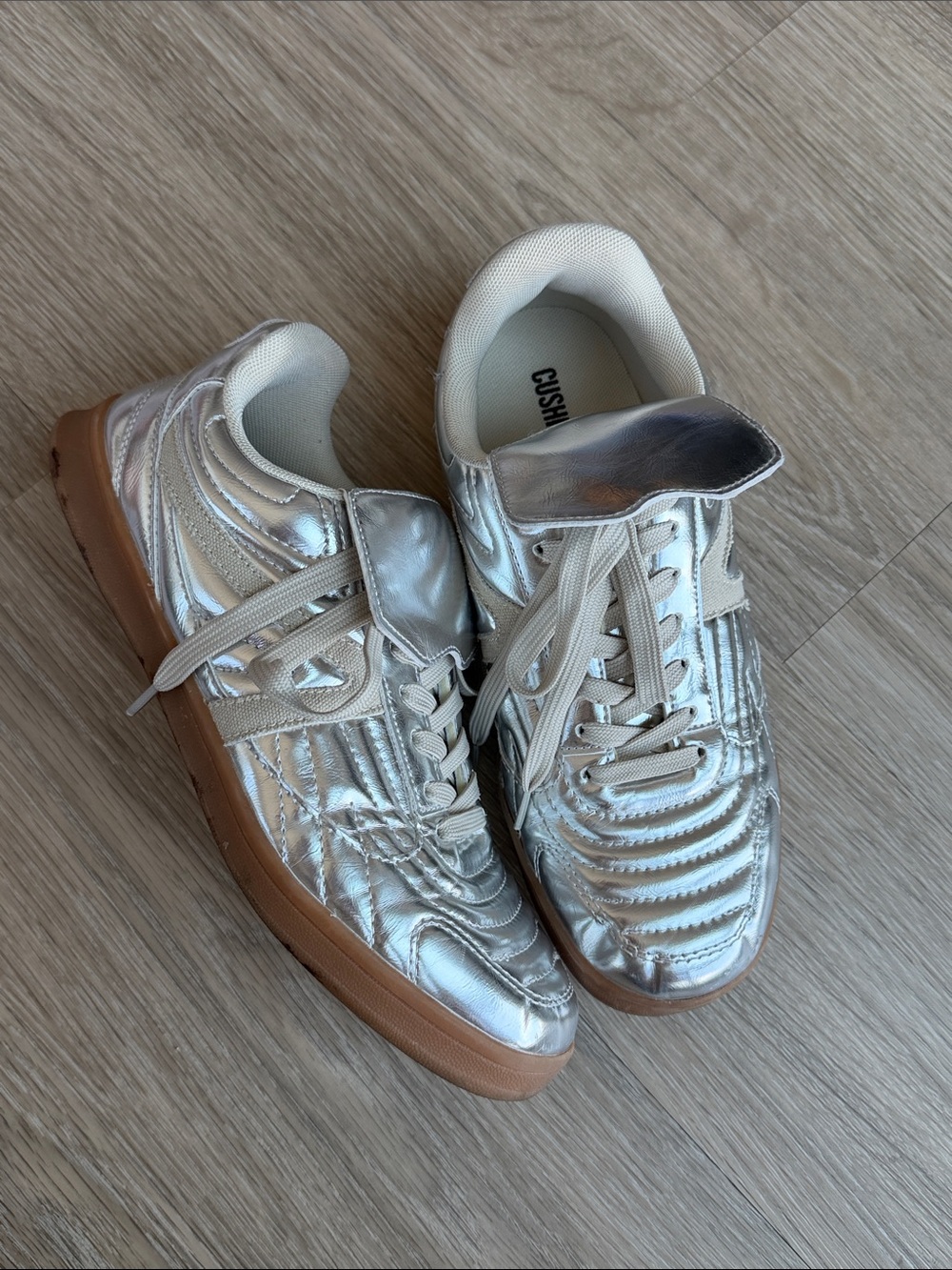 Metallic Silver Quilted Lace-Up Sneakers with Gum Sole